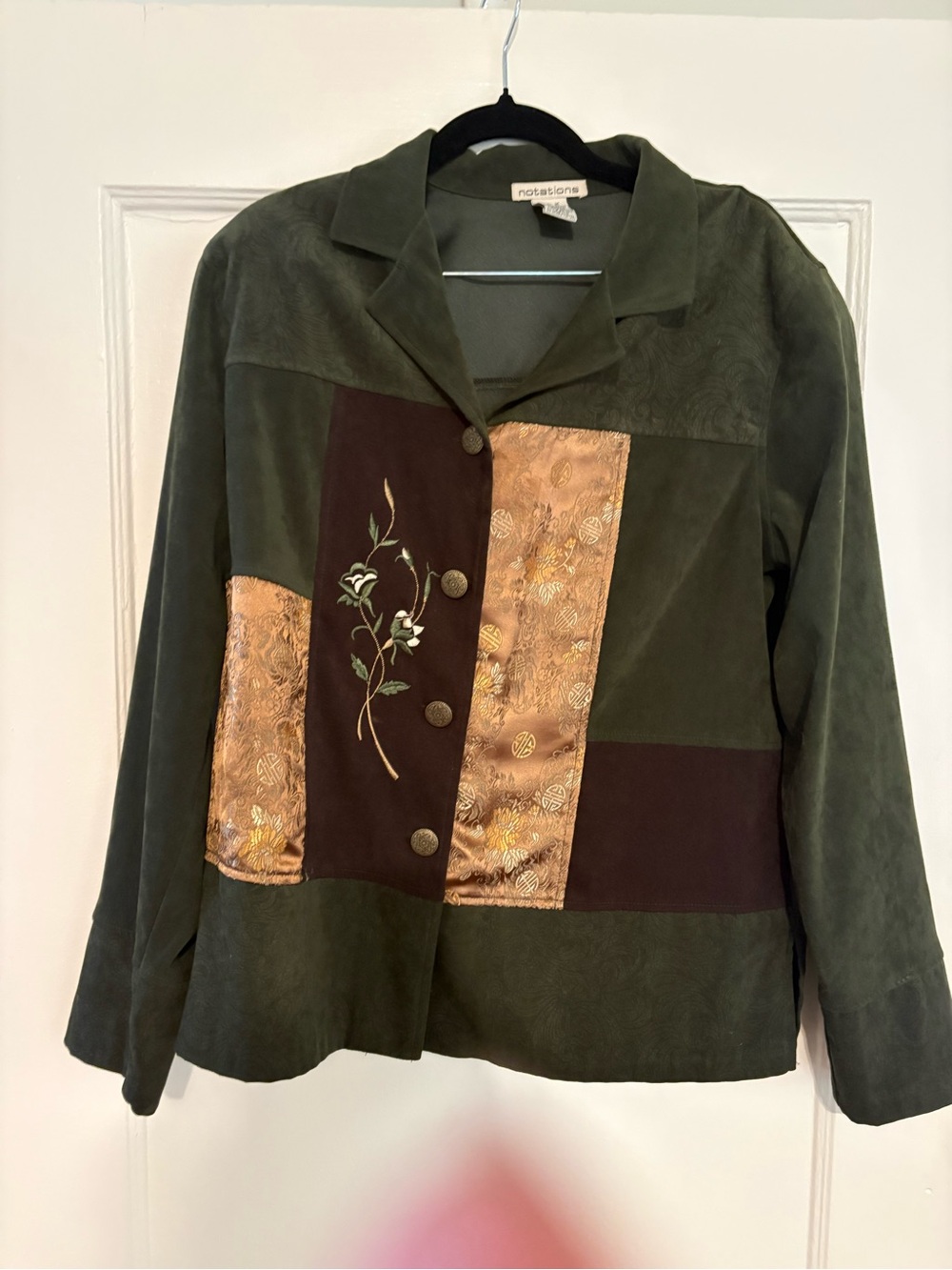 Notations Olive Green Patchwork Embroidered Button Jacket